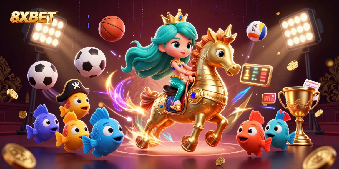8XBET features a vibrant 3D scene with a mermaid and sports elements, showcasing dynamic gaming excitement.