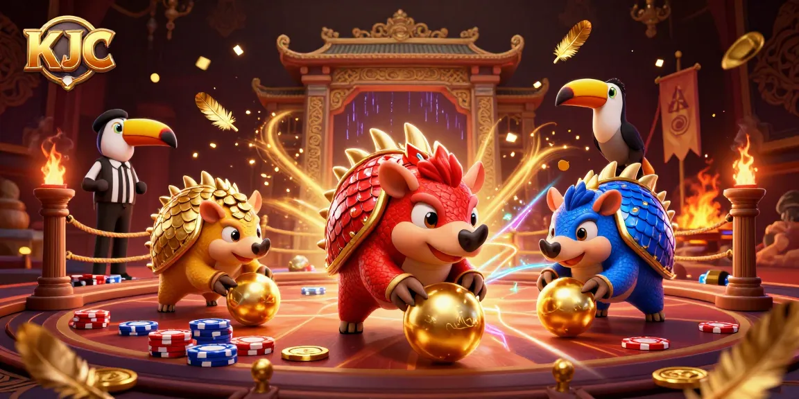 KJC pangolins battling through poker chips in a vibrant casino scene, showcasing excitement and competition.