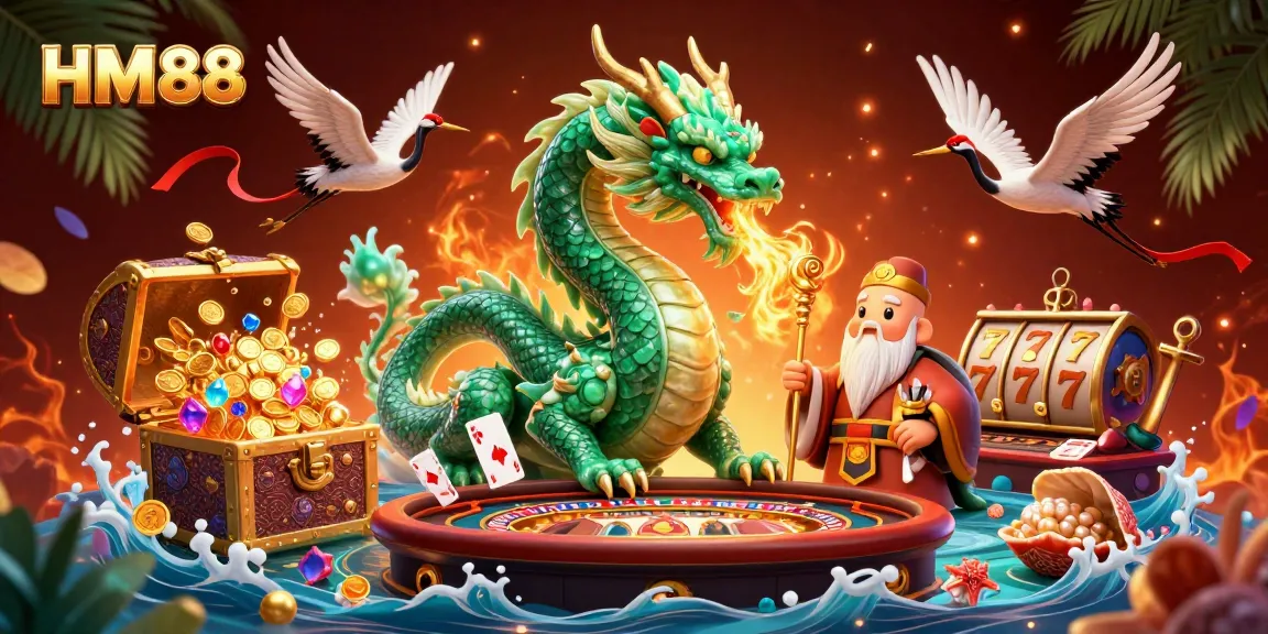 Win big at HM88 with a vibrant scene of a jade dragon, turtle sage, and lucky cranes!