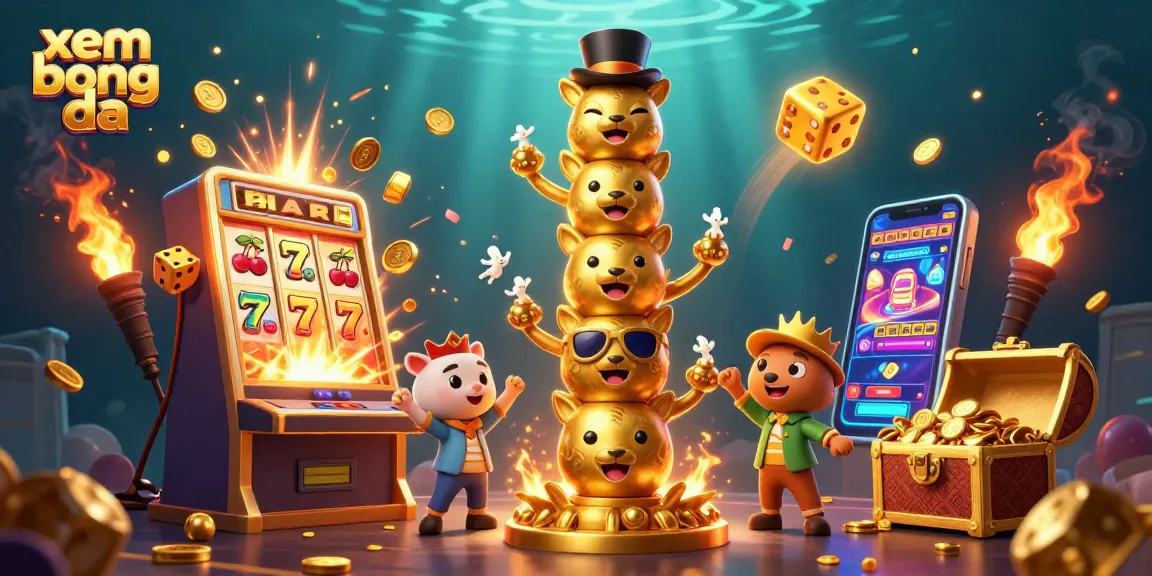 Experience xem bong da excitement with a colorful dynamic casino scene bursting with animations and symbols.