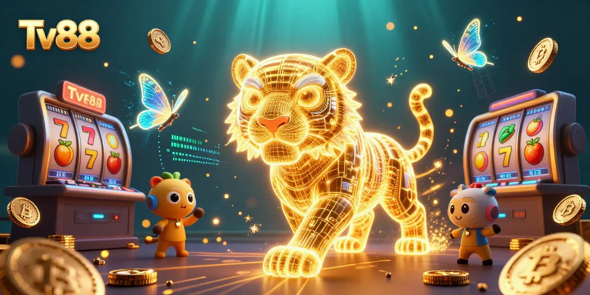 Engage with the thrilling world of Tv88, showcasing a vibrant digital casino scene filled with slots and neon lights.