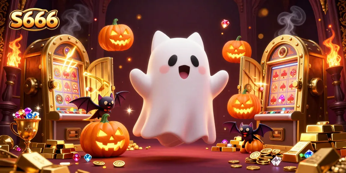 S666 ghost cat and vampire bat explore a haunted casino, rich in treasures.