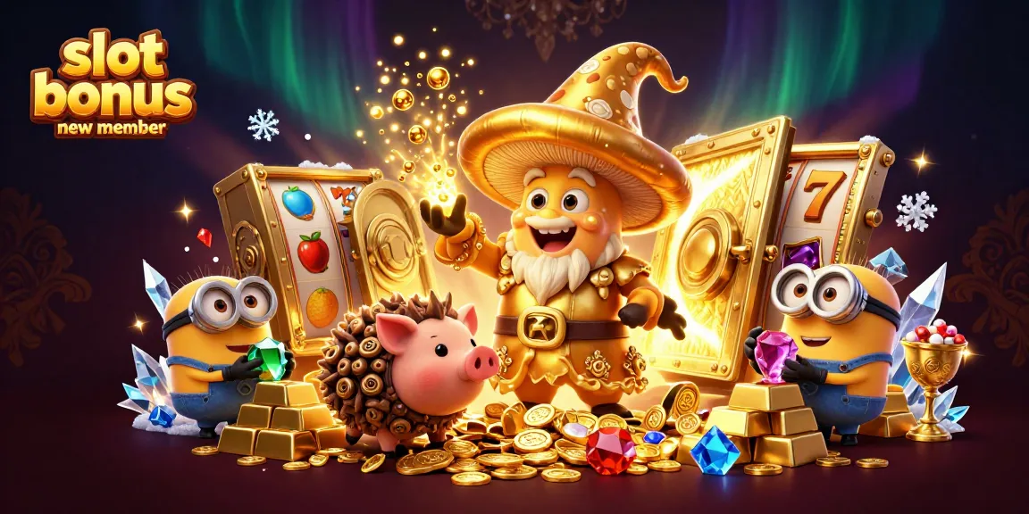 Experience the thrill of winning with slot bonus new member promotions, featuring an enchanting wizard and treasures.