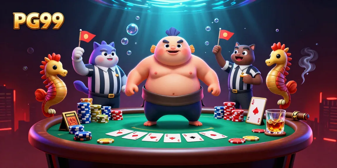 Experience excitement at PG99 with this vibrant underwater poker scene featuring colorful characters and elements.