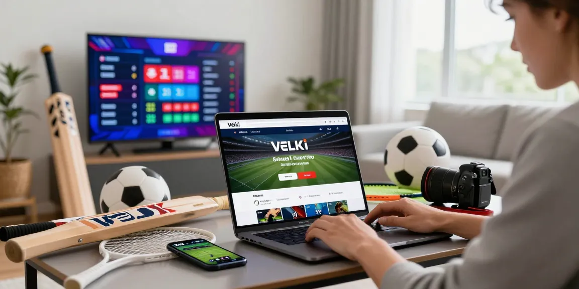 Velki Login experience with user accessing the platform amidst sports equipment and live match displays.