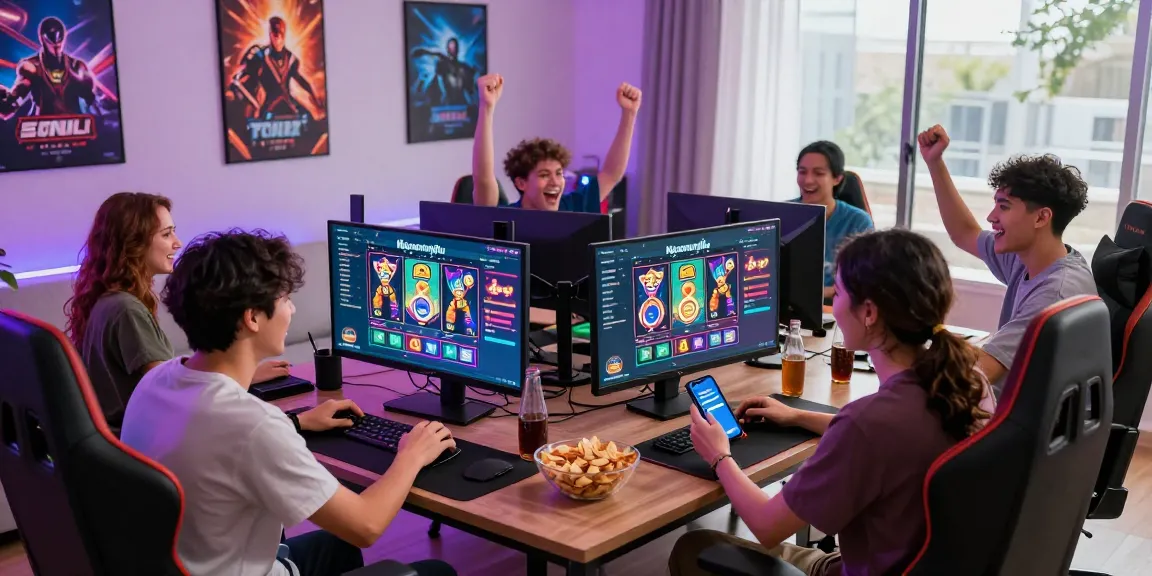 Exciting ngamenjitu gaming scene with friends celebrating wins in a vibrant home setup.