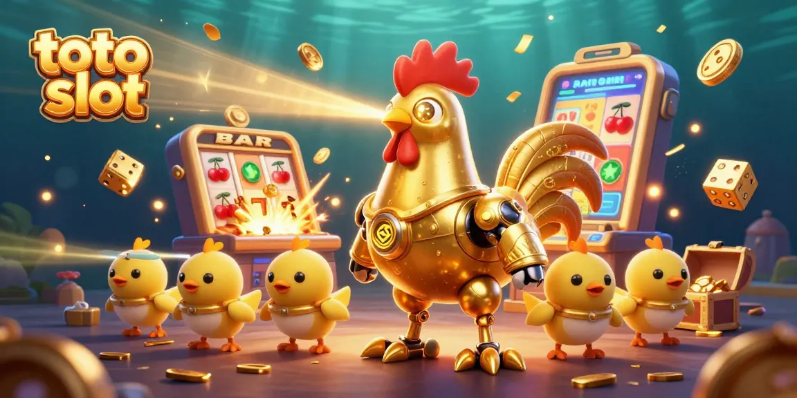 Engage in exciting toto slot gameplay with a golden rooster and baby chick drones amidst vibrant casino elements.
