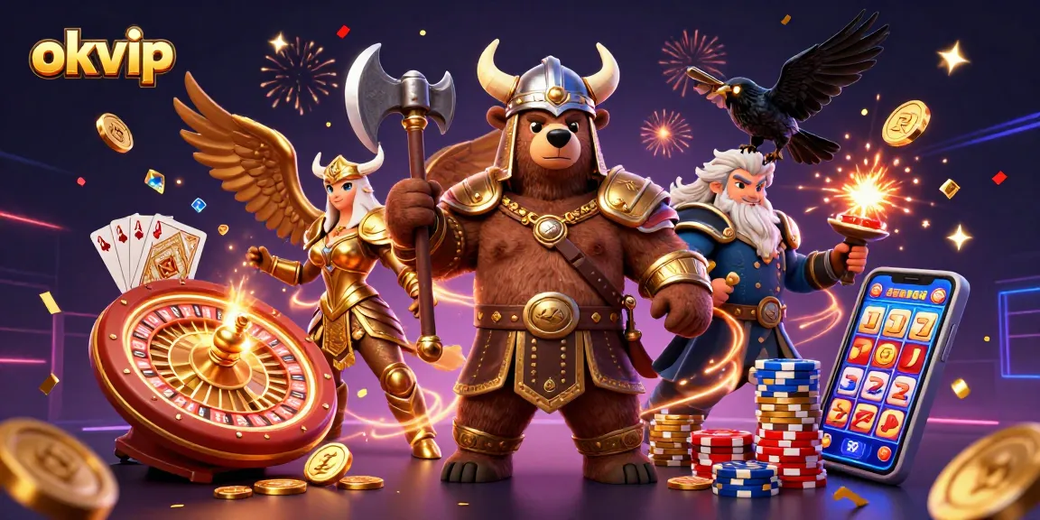 Experience thrilling gameplay at okvip with a 3D cartoon Viking and Valkyrie eagle amidst sparkling casino elements.