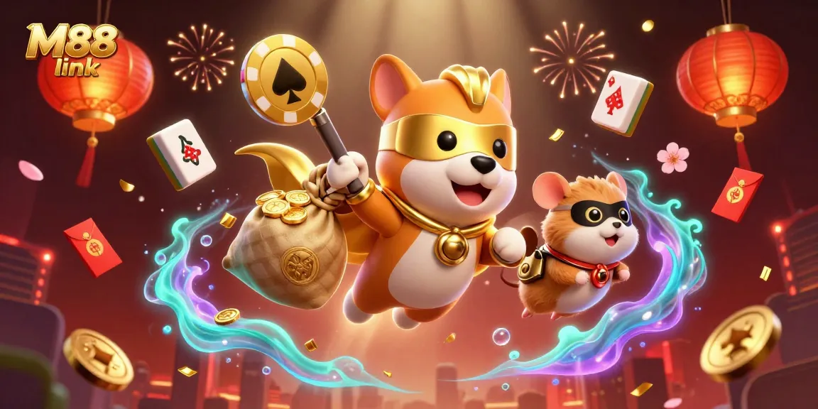 Gambar dinamis superhero M88 link yang terbang sambil membawa koin emas dengan unsur budaya judi Asia.