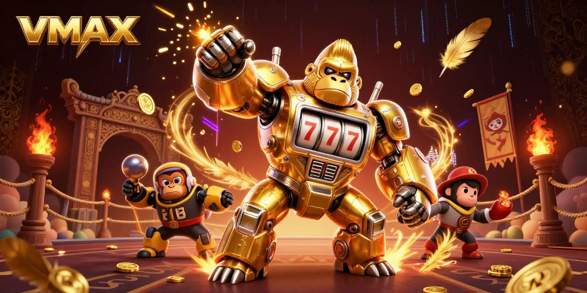 Gameplay explosions at VMAX casino featuring a golden gorilla mech with spinning slot reels.