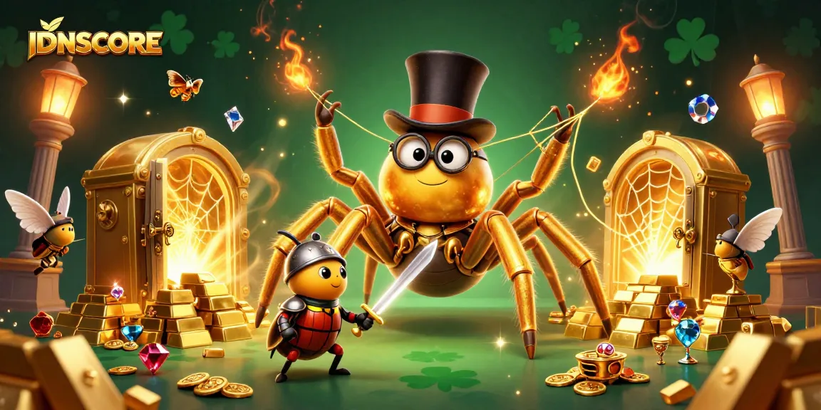 IDNSCORE offers vibrant casino excitement with a giant tarantula and beetle knight amidst sparkling treasures.