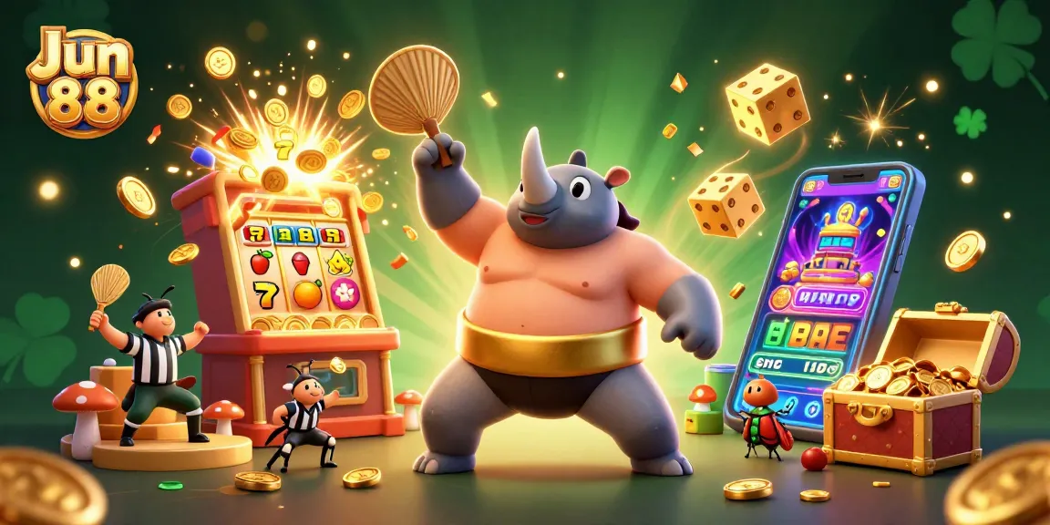 Win big with Jun 88 in a vibrant casino scene filled with golden coins and game excitement.