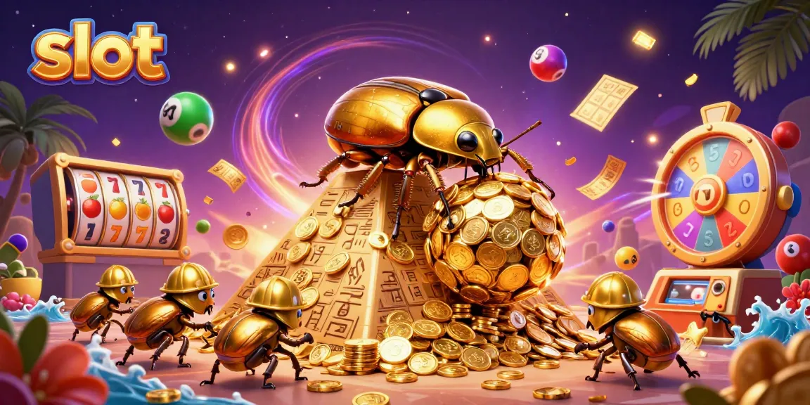 Menggulung bola emas pada mesin slot sambil dikelilingi bola lotere berwarna-warni dan elemen kasino
