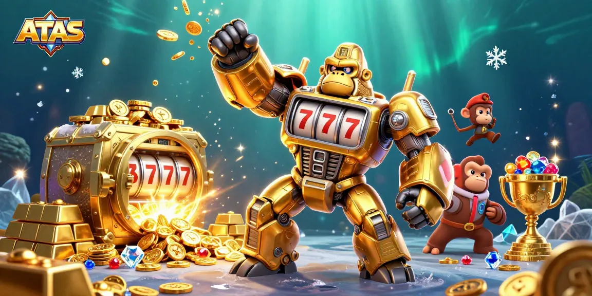 ATAS casino scene featuring a golden gorilla mech and treasures exploding in action.