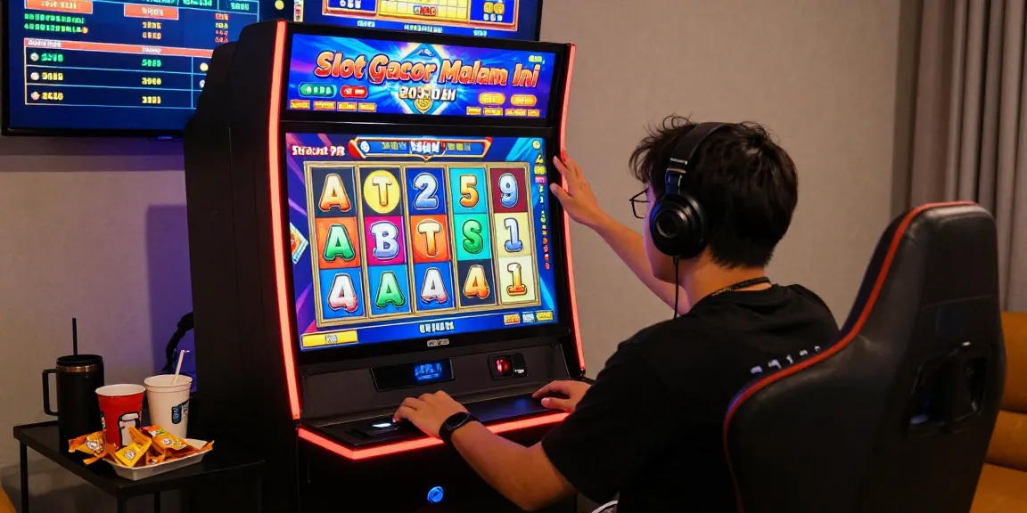 Player enjoying Slot Gacor Malam Ini on a vibrant online slot machine, showcasing colorful scatter symbols and an immersive gaming atmosphere.