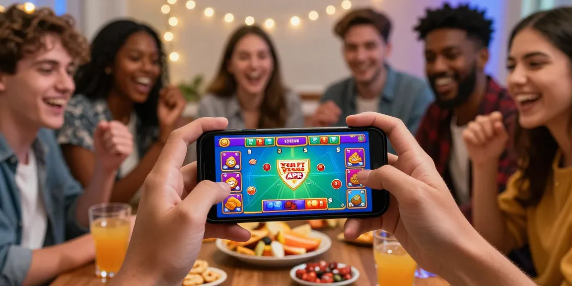 Download for Android 3 Patti Vegas APK - friends enjoying mobile gaming with vibrant atmosphere.