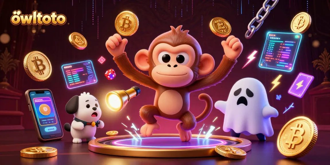 Play with owltoto's thrilling poltergeist monkey in a haunted casino scene showcasing cryptocurrency elements.