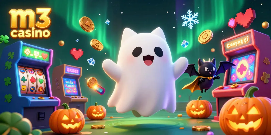 M3 casino highlights an engaging scene with a ghost cat, gaming machines, and festive jack-o-lanterns.