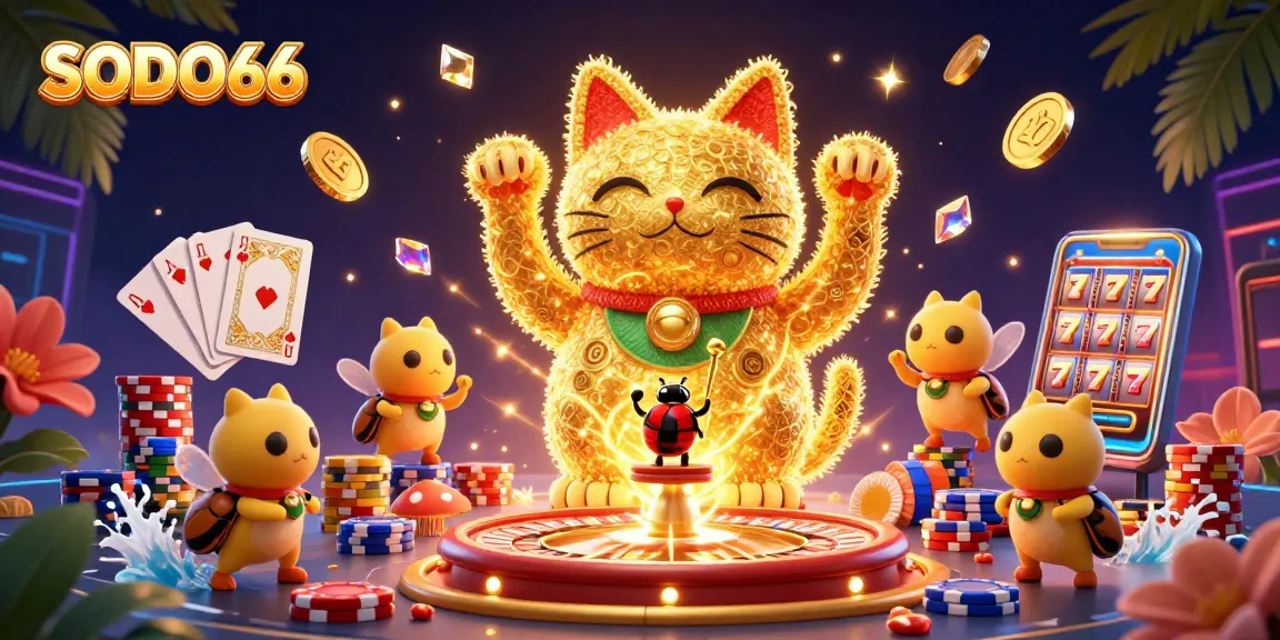 SODO66 showcases vibrant gaming energy with a dynamic lucky cat illustration surrounded by casino elements.