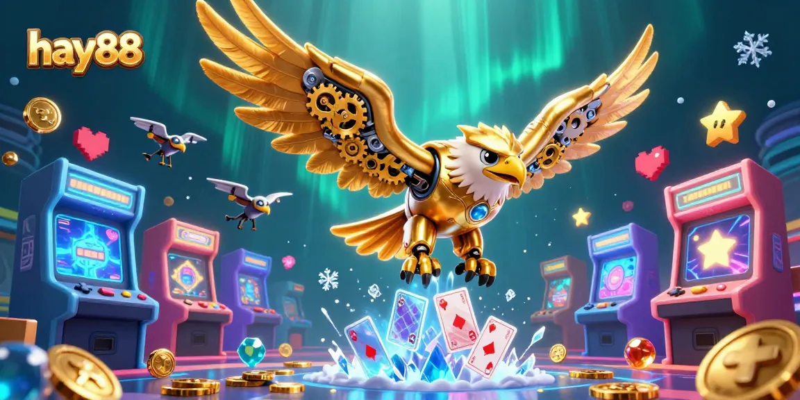 Experience the excitement of hay88 with our 3D cybernetic eagle soaring through vibrant playing cards.