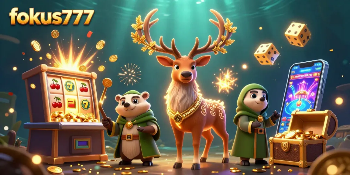 Experience the excitement of fokus777 with 3D characters celebrating a jackpot in a vibrant casino scene.