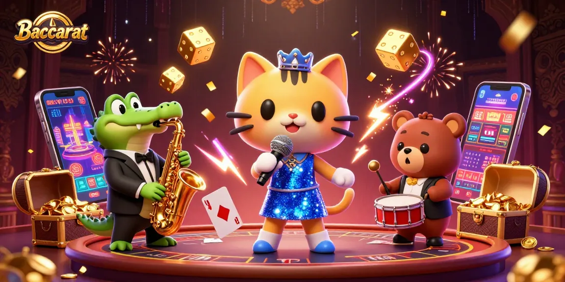 Baccarat table scene with a jazz-singer cat and colorful casino action elements, emphasizing gaming excitement.
