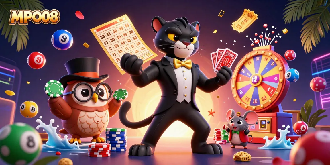 Engage in MPO08's vibrant gaming ambiance with characters celebrating high-stakes excitement!