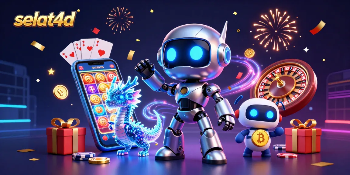 Join the thrilling action with selat4d, featuring a cyberpunk robot, AI dragon, and vibrant casino elements.