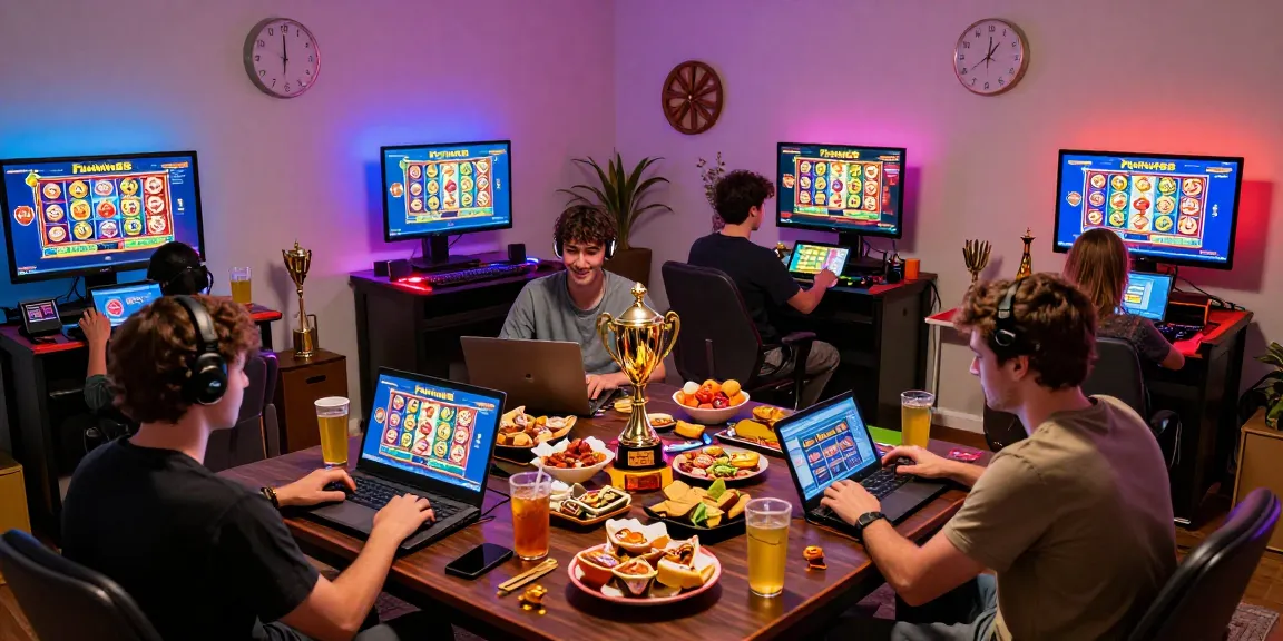 Para pemain menikmati turnamen slot Fujiwin88 di rumah, menampilkan suasana seru dan dekorasi cerah.