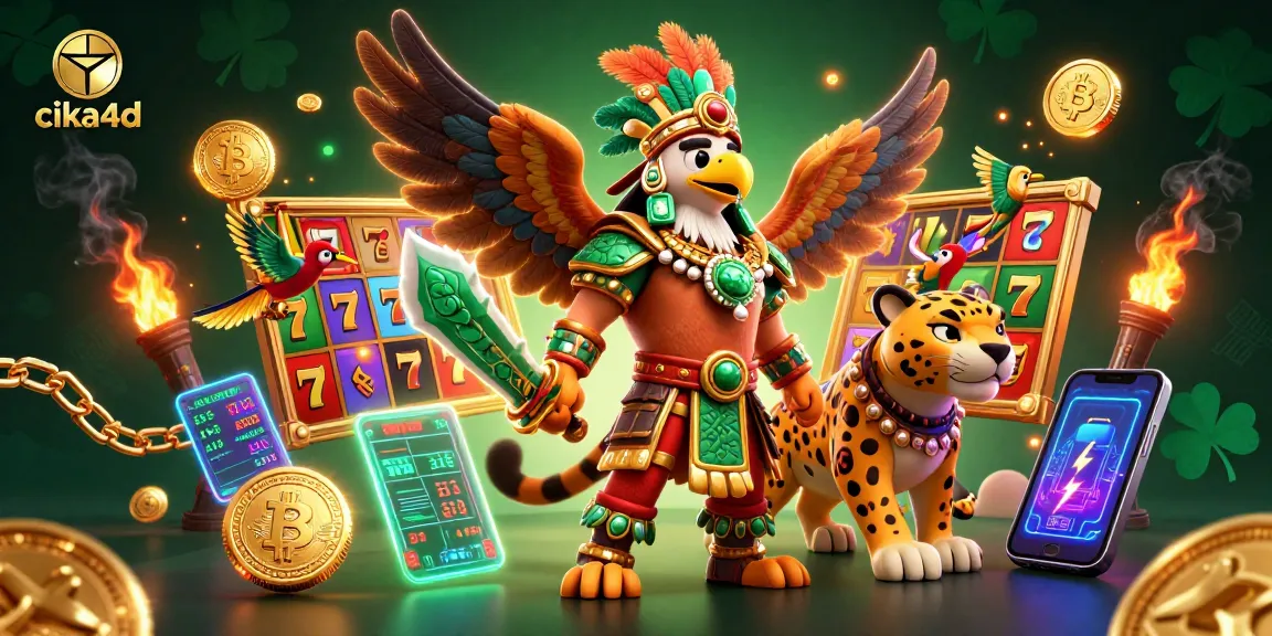 Spin the reels with cika4d, featuring dynamic Aztec warriors and slot game symbols in vibrant action.
