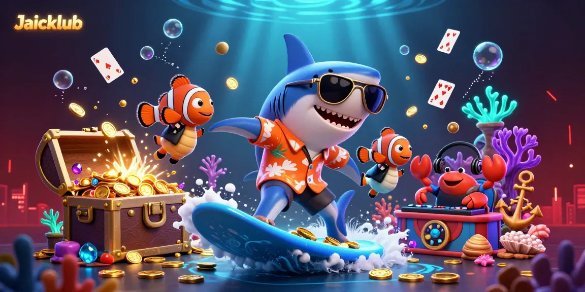 Engage in thrilling gaming adventures on Jaiclub with vibrant underwater scenes featuring a shark, seahorse, and DJ crab.