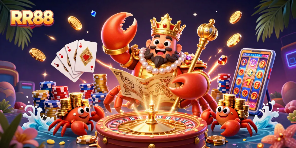 Experience excitement at RR88 with a vibrant 3D illustration of a golden crab emperor in a dynamic casino scene.