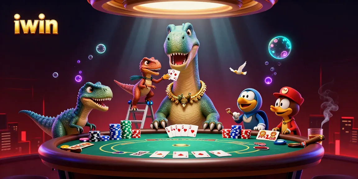 iwin showcases a vibrant casino scene with a giant brontosaurus and raptor dealers playing poker.