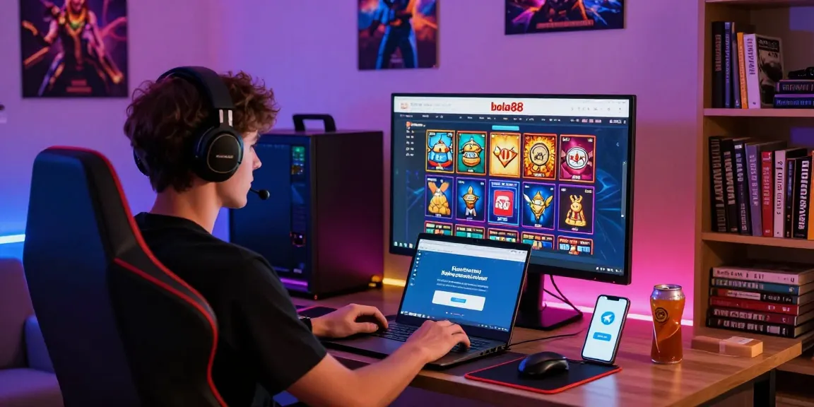 Withdraw Bola88 process illustrated with a gamer enjoying Slot games in a vibrant home setup, highlighting excitement and community support.