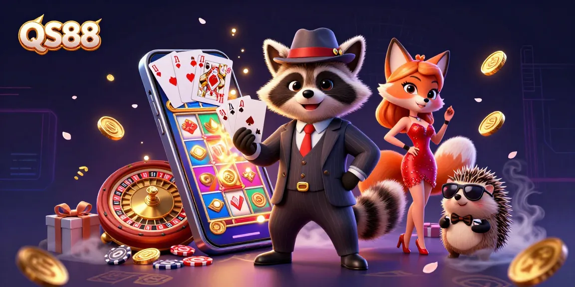 Experience the thrill of QS88 with a suave raccoon, a charming fox, and an energetic hedgehog amidst vibrant casino games.
