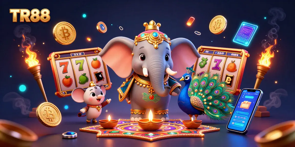 Engage with TR88's vibrant online slots world, featuring dynamic visuals of elephants and peacocks.