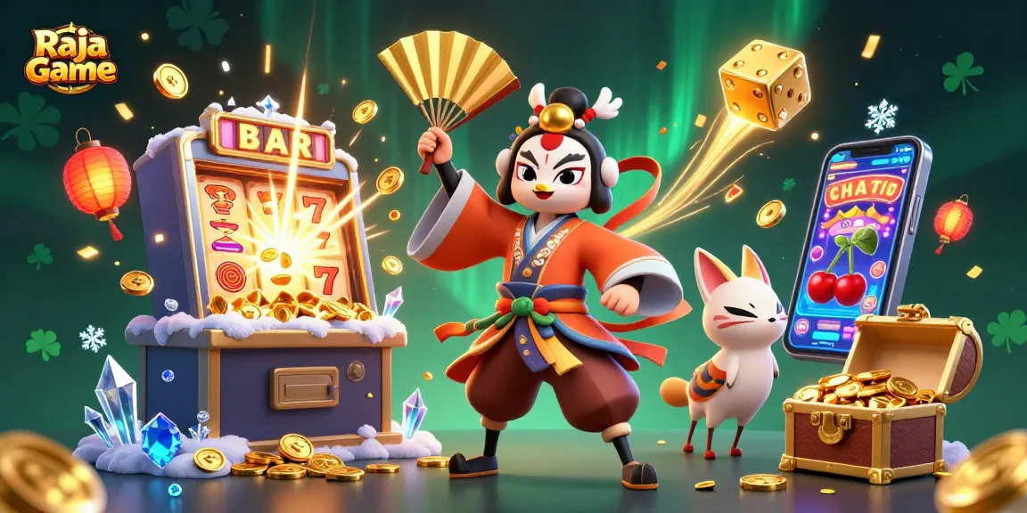 Experience thrilling wins with Raja Game's vibrant 3D illustration of a kabuki warrior and slot machine excitement.