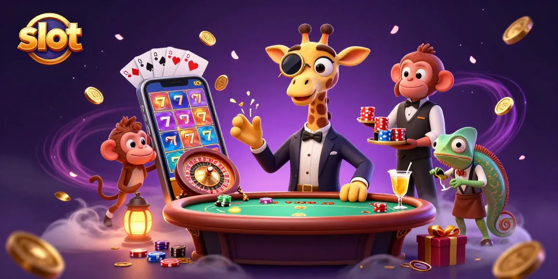 Engage in exhilarating slot games with the high-roller giraffe at a vibrant casino scene.