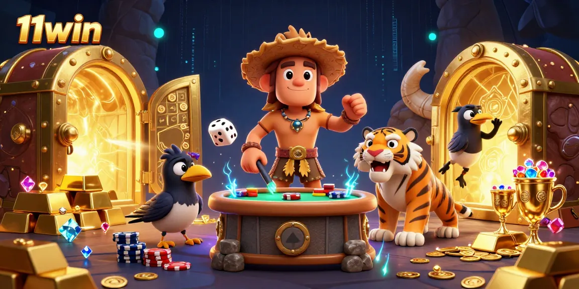 11win engages players with a vibrant prehistoric casino scene filled with treasures and neon elements.