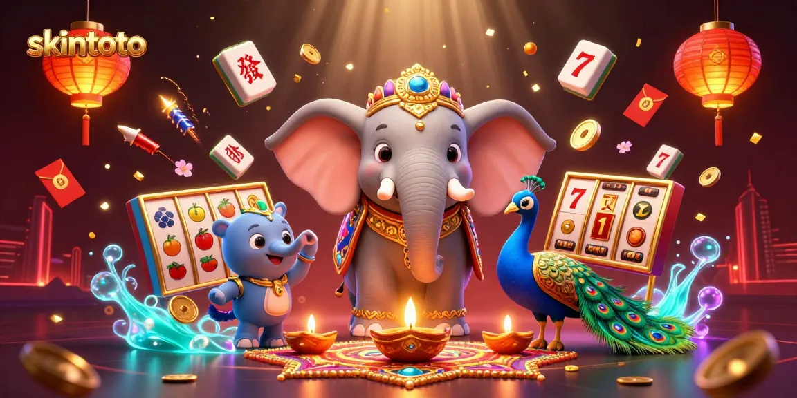 Gambarkan karakter skintoto dalam ilustrasi 3D dengan simbol perjudian seperti slot dan mahjong.