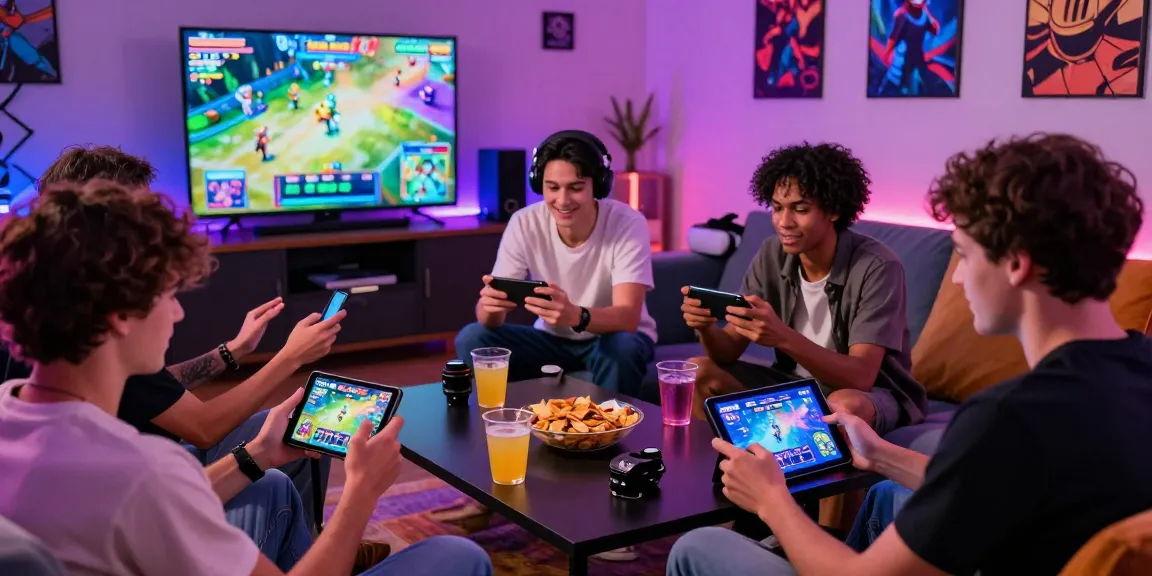 Group of friends enjoying an online game on smartphones in a vibrant gaming environment