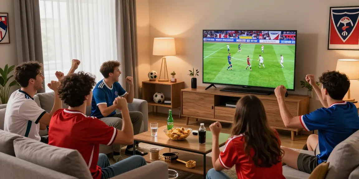Friends enjoying Pelota Libre football match in a cozy living room with snacks.