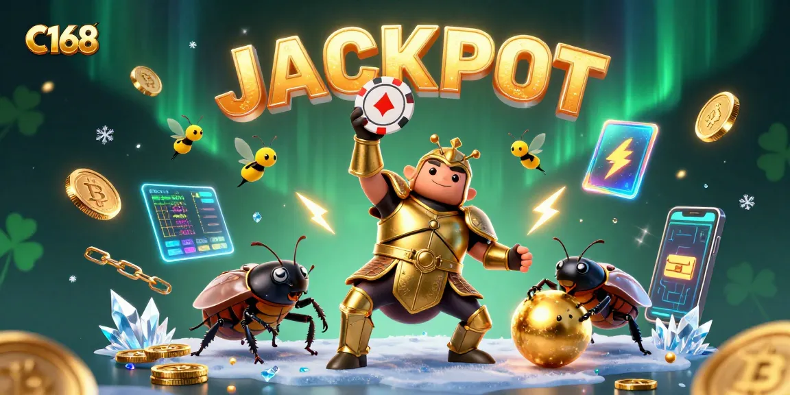 Win big at C168 with a cartoon beetle in golden armor celebrating a jackpot.