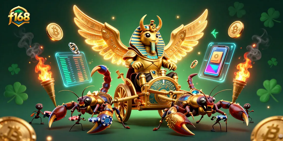 Join the winning fun at f168 with an exhilarating gambling scene featuring a golden scarab and poker chips.