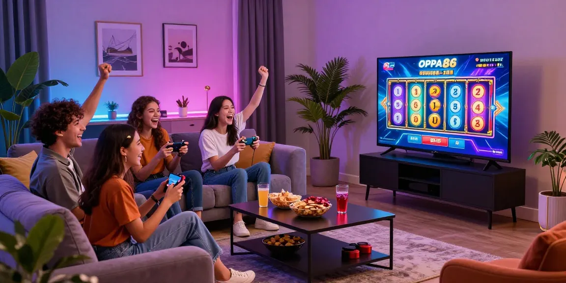 Friends enjoying an online gaming session at OPPA86 situs with exciting atmosphere and vibrant decor.