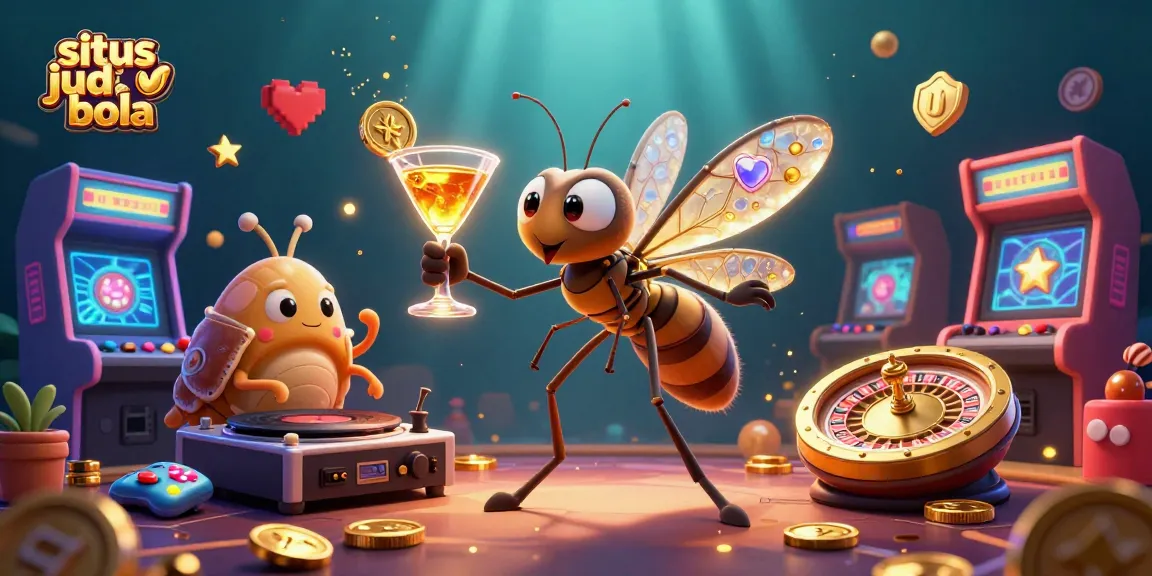 Situs judi bola showcases a vibrant casino scene with a whimsical mosquito mascot and dynamic elements.