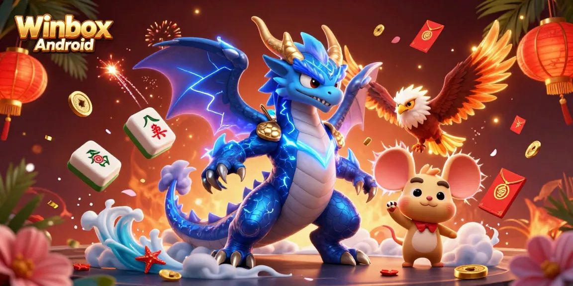 Winbox Android app installation guide with vibrant 3D casino-themed graphics and characters.