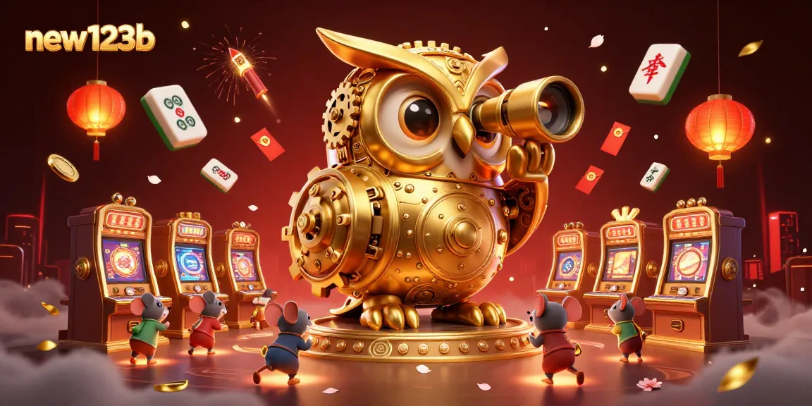 Experience excitement at new123b with an enchanting scene of a golden owl observing a lively casino floor.