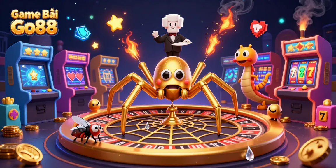 Engage with Game Bài Go88 featuring a golden spider and vibrant casino elements.