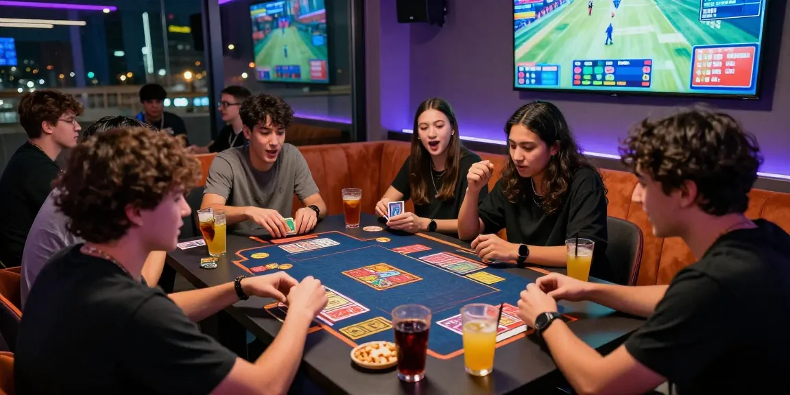 Exciting group playing a card game in a vibrant gaming lounge with snacks and drinks.